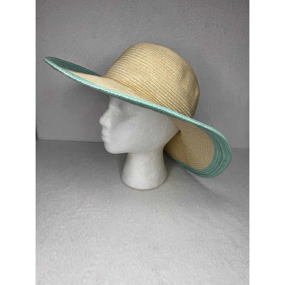 Croft & Barrow Wide Brim Sun Hat Floppy Beige Aqua Trim One Size Summer Boho - Picture 1 of 5